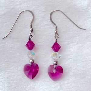Swarovski Crystal Hearts & Sterling Silver Earrings- Fuchsia and Clear- Handmade